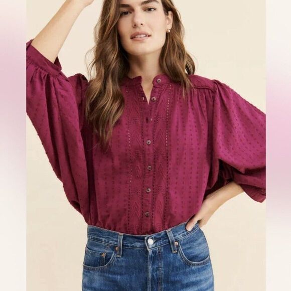 Anthropologie Pilcro Button Down Clip Dot Textured Puffed Sleeves Blouse (NWT) - Picture 5 of 5